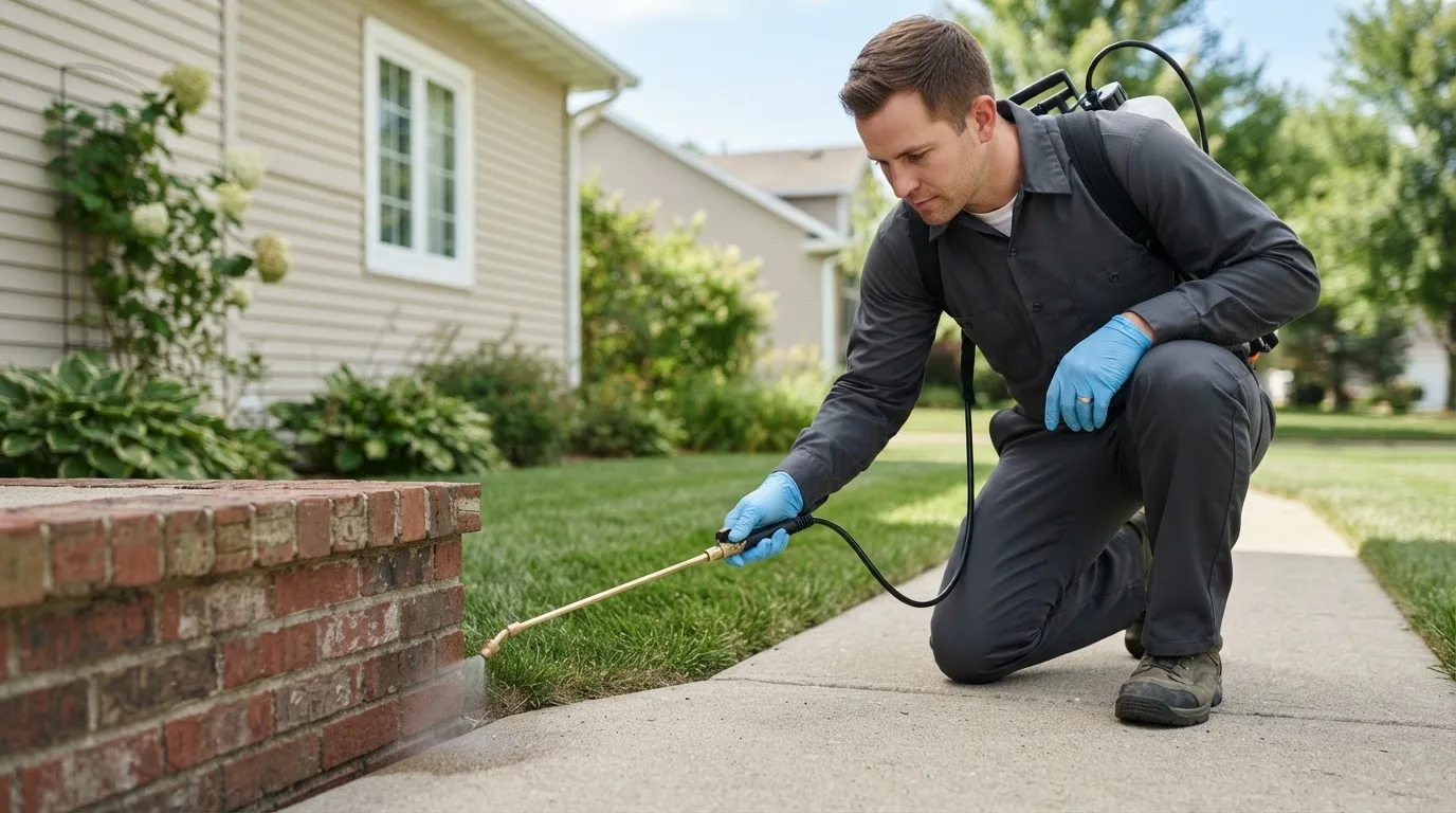 Pest control technician treating a home near Chesterton, IN